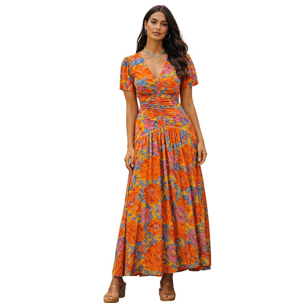 FARM Rio for Anthropologie Ruched Orange Floral Maxi Dress NWT